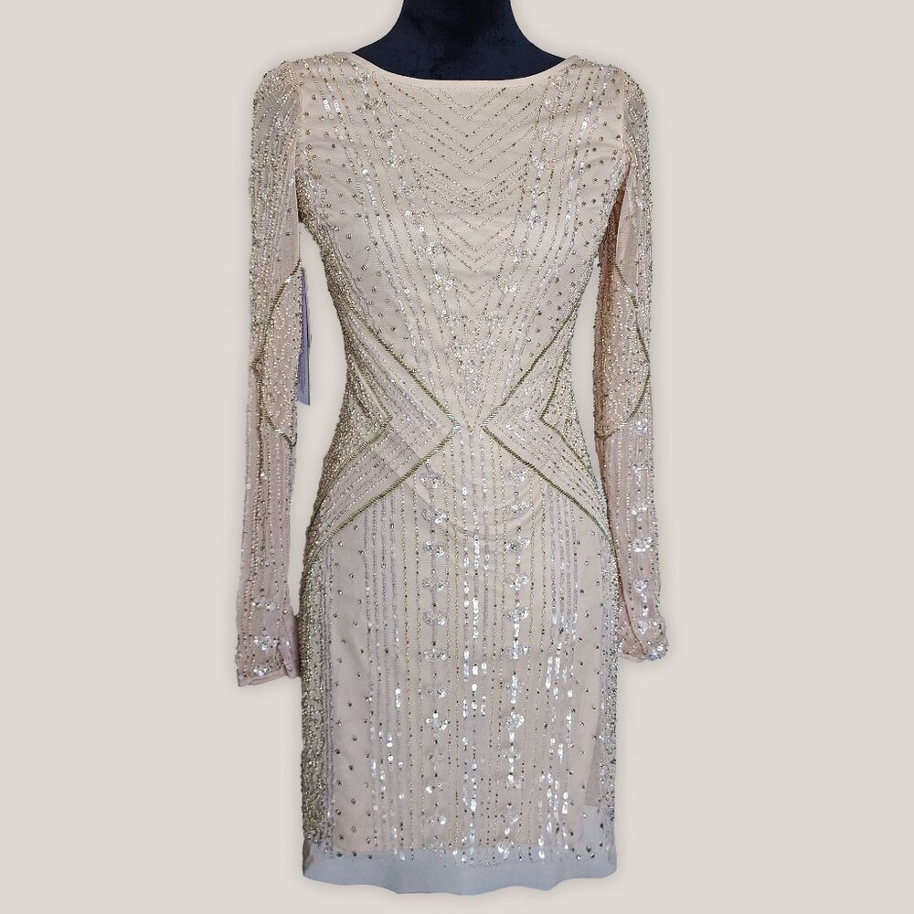 NWT Aidan Mattox Beaded Short Mini Long Sleeve Dress | Cream Sequin Formal Gown